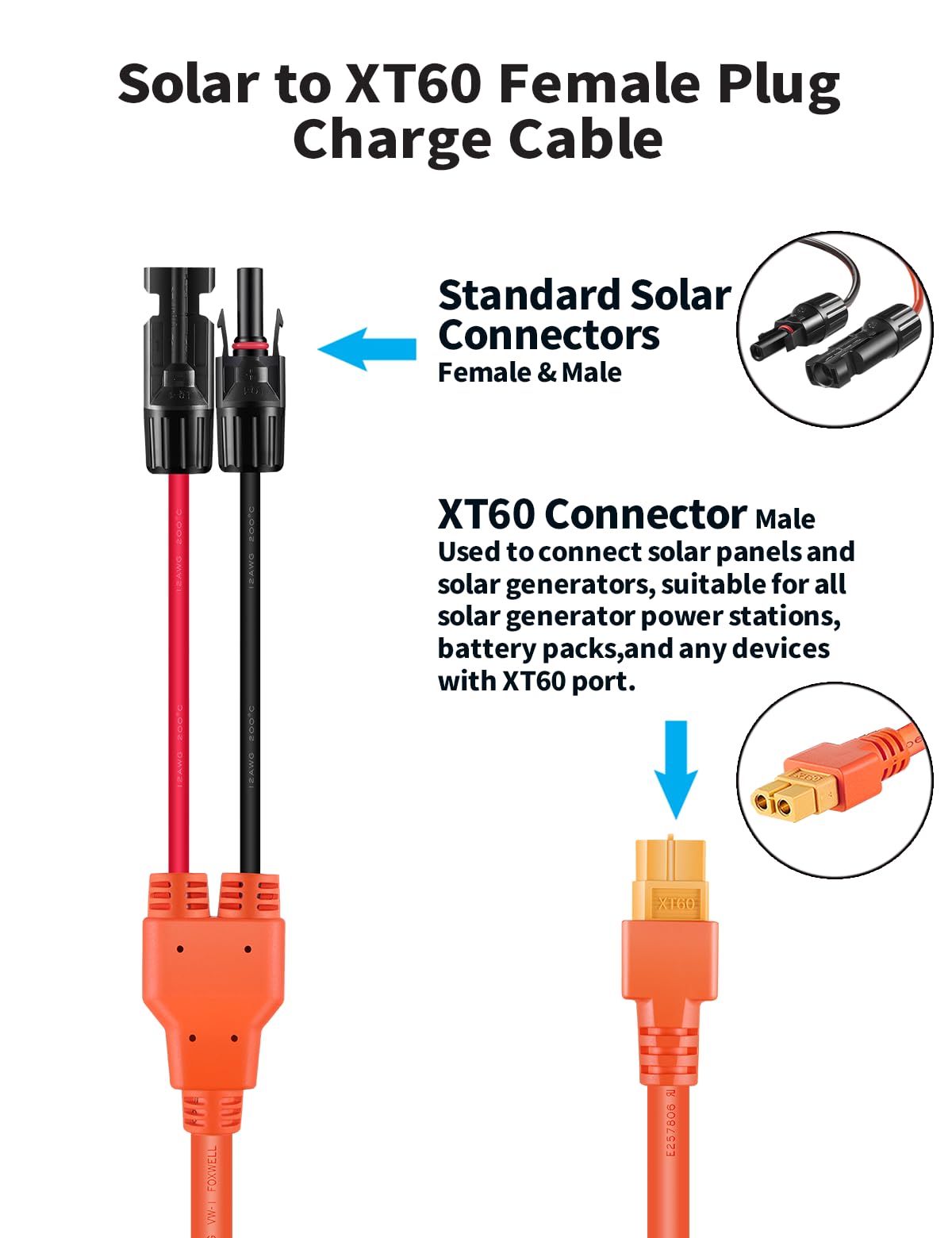 10FT Solar to XT60 Connector Charge Extension Cable 12AWG 3M, Tonton M-C-4 to XT60 Adapter Solar Cable for ECOFLOW RIVER & DELTA Series Portable Power Station, Solar Generator, RV Foldable Solar Panel - Image 5