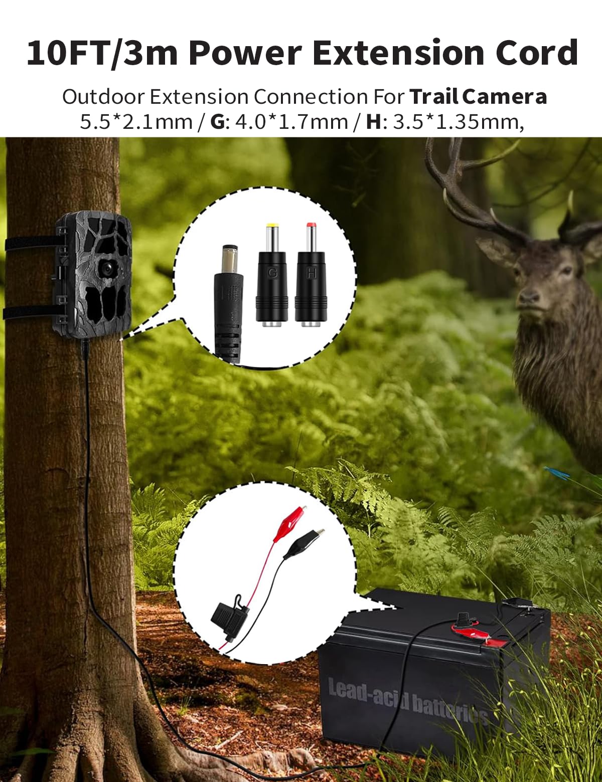 Tonton 10FT Trail Camera External Power Cord, DC 5.5x2.1mm Adapter for Spypoint, Stealth Cam, Moultrie, Muddy and Other Game Hunting Camera with Portable Power Banks, Solar Panels 5Amp Fuse 2 Adapters - Image 3
