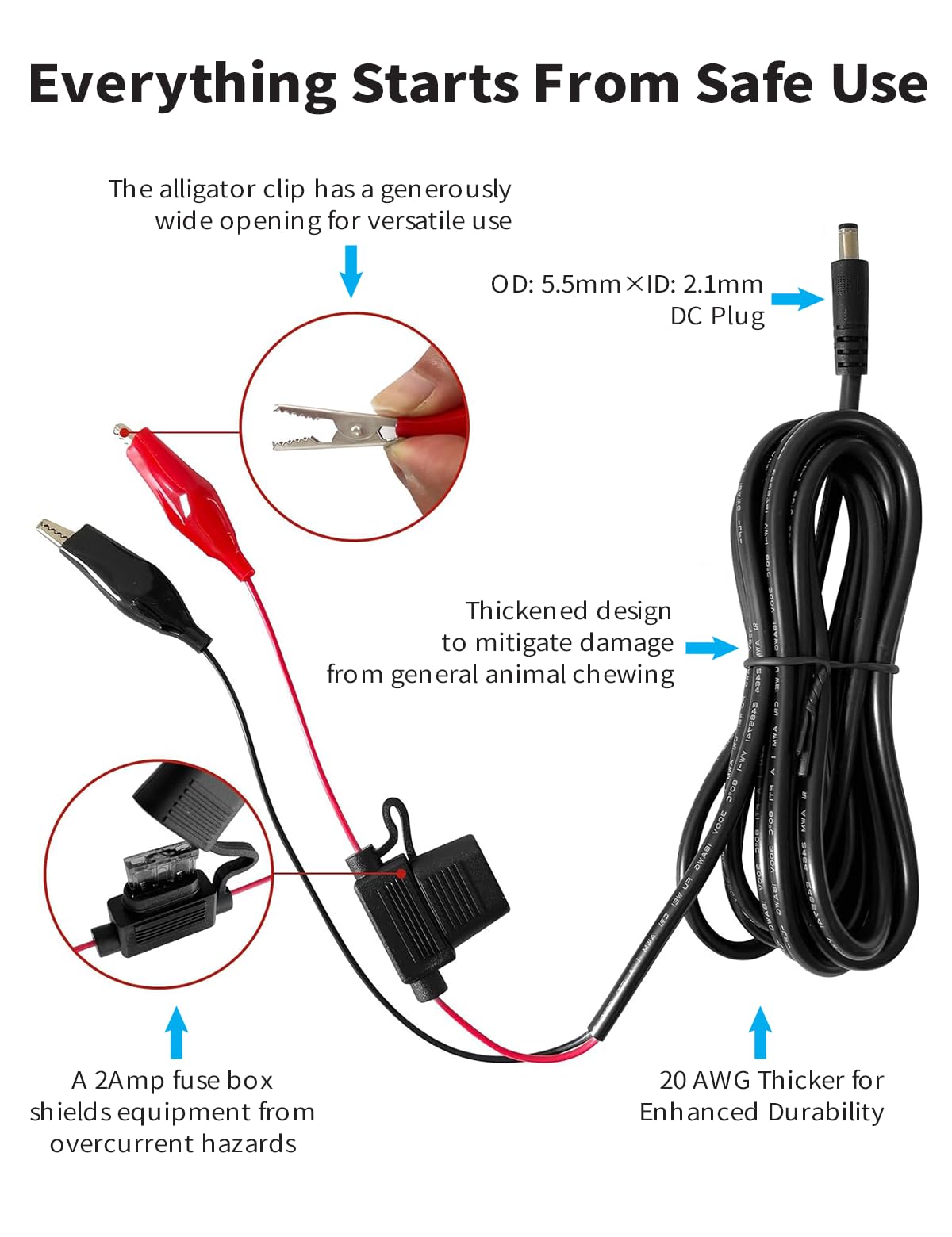 Tonton 10FT Trail Camera External Power Cord, DC 5.5x2.1mm Adapter for Spypoint, Stealth Cam, Moultrie, Muddy and Other Game Hunting Camera with Portable Power Banks, Solar Panels 5Amp Fuse 2 Adapters - Image 4