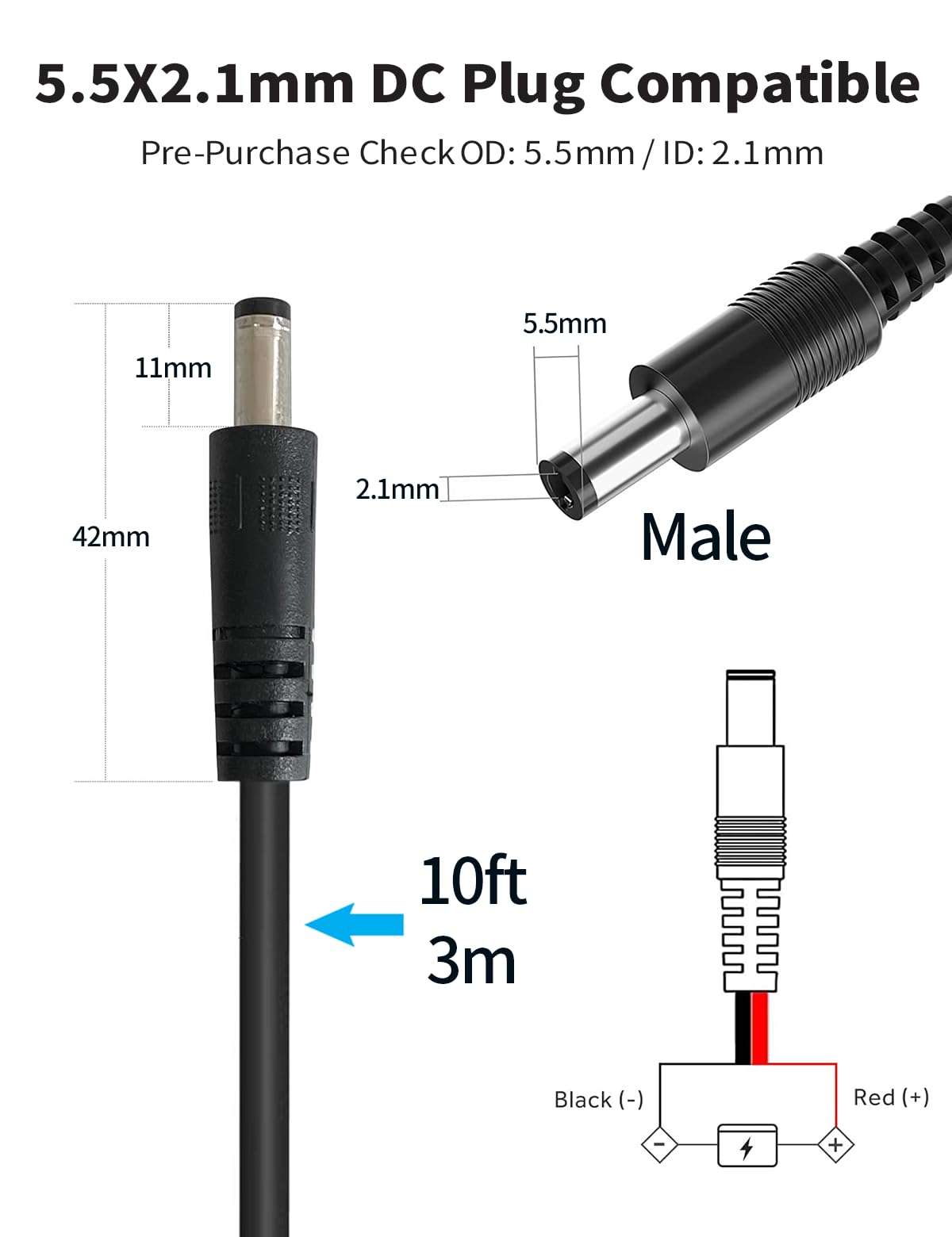 Tonton 10FT Trail Camera External Power Cord, DC 5.5x2.1mm Adapter for Spypoint, Stealth Cam, Moultrie, Muddy and Other Game Hunting Camera with Portable Power Banks, Solar Panels 5Amp Fuse 2 Adapters - Image 7