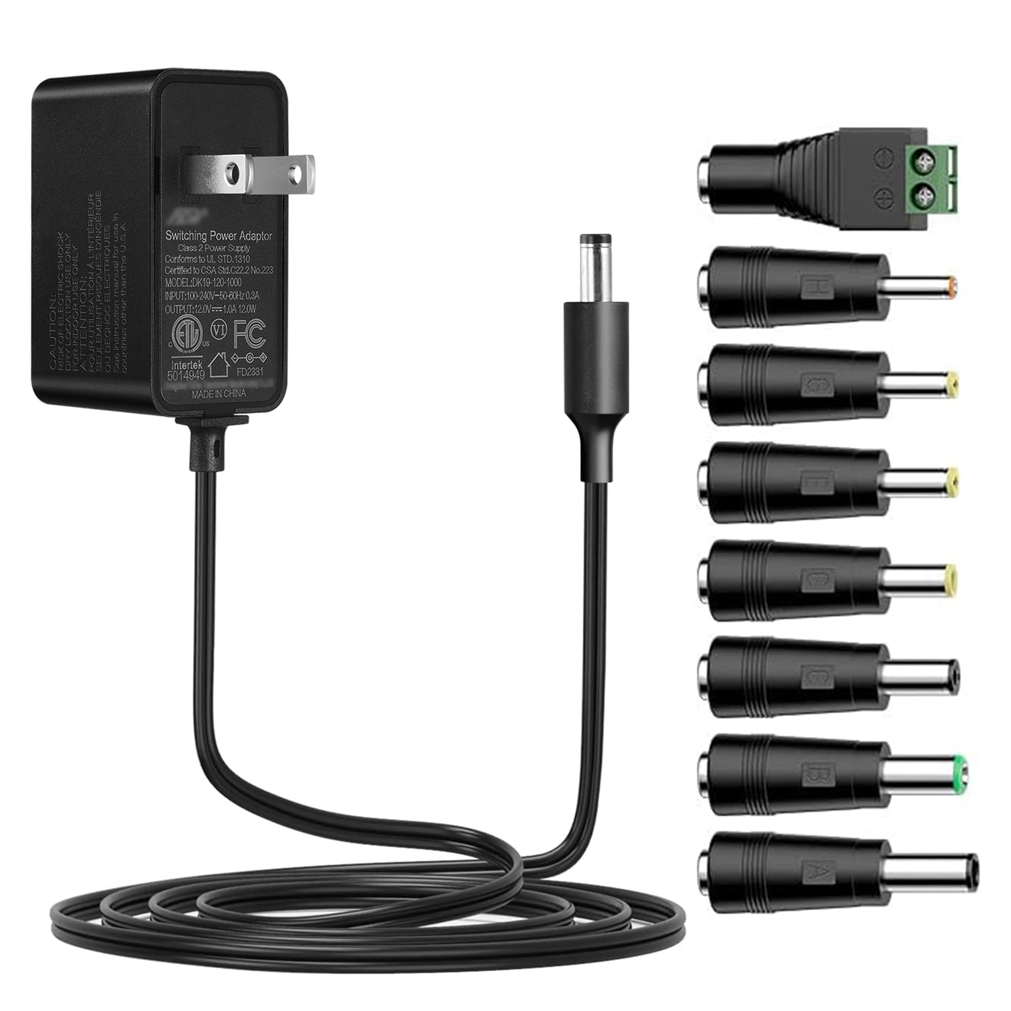 Tonton 12V 1A 10ft AC/DC Long Power Supply Adapter Cord 12W Wall Charger AC 100V-240V to DC 12 Volt with 8 Tips for LED Strip Light, CCTV Camera, BT Speaker, GPS, Webcam, Router, UL/CE/FCC Certified