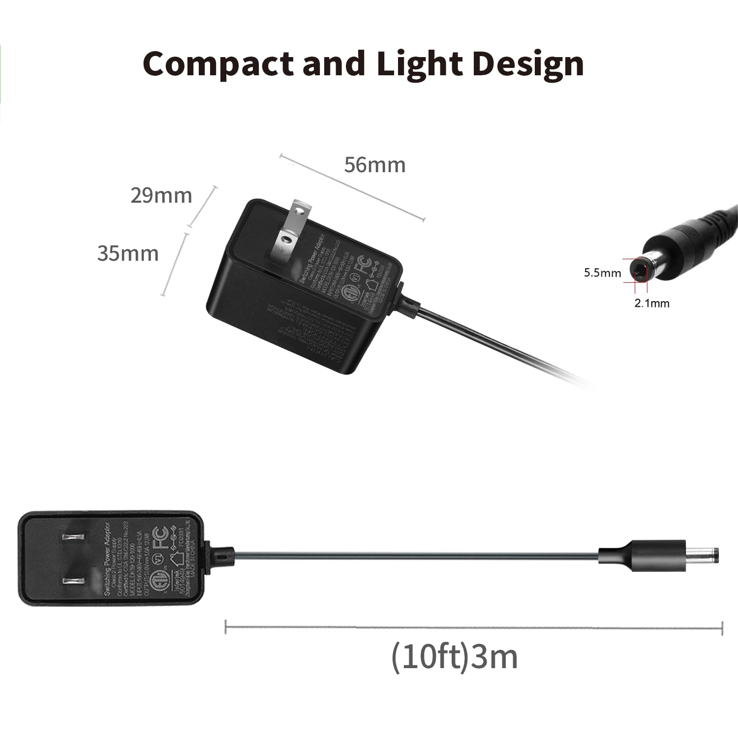 Tonton 12V 1A 10ft AC/DC Long Power Supply Adapter Cord 12W Wall Charger AC 100V-240V to DC 12 Volt with 8 Tips for LED Strip Light, CCTV Camera, BT Speaker, GPS, Webcam, Router, UL/CE/FCC Certified - Image 2
