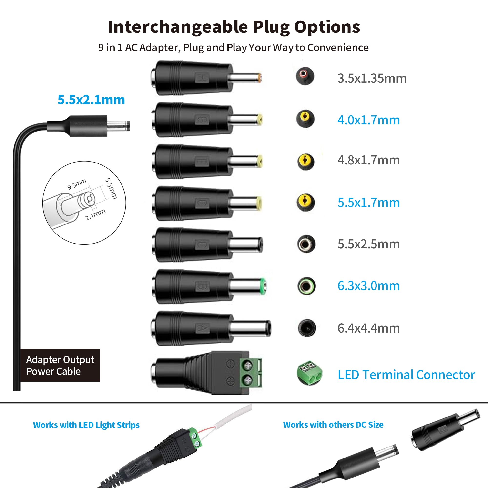 Tonton 12V 1A 10ft AC/DC Long Power Supply Adapter Cord 12W Wall Charger AC 100V-240V to DC 12 Volt with 8 Tips for LED Strip Light, CCTV Camera, BT Speaker, GPS, Webcam, Router, UL/CE/FCC Certified - Image 4