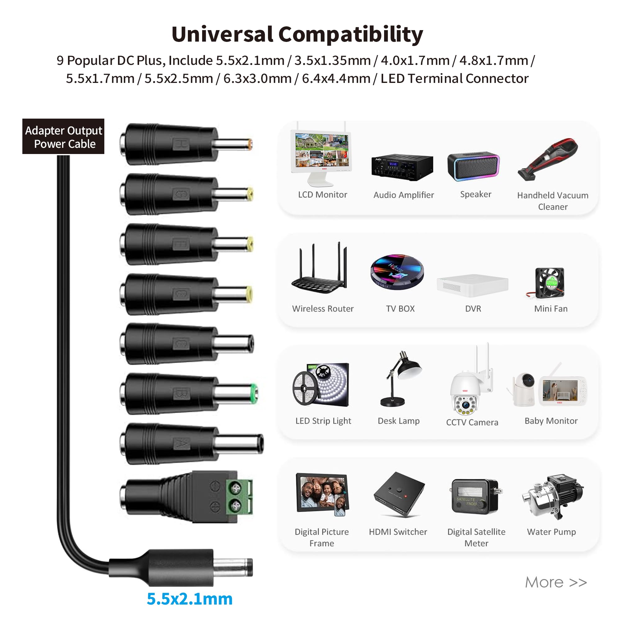 Tonton 12V 1A 10ft AC/DC Long Power Supply Adapter Cord 12W Wall Charger AC 100V-240V to DC 12 Volt with 8 Tips for LED Strip Light, CCTV Camera, BT Speaker, GPS, Webcam, Router, UL/CE/FCC Certified - Image 6