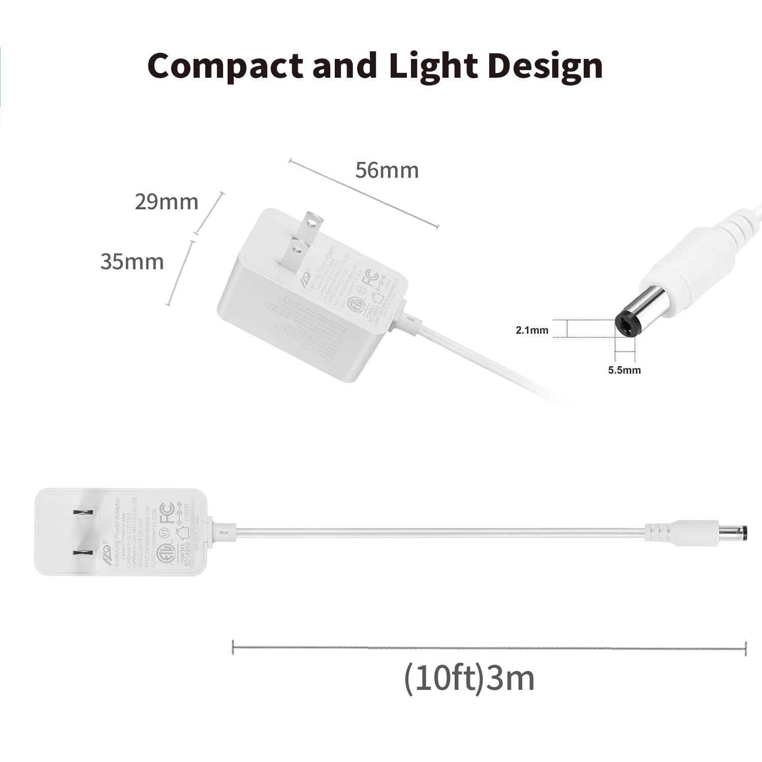Tonton 12V 1A Power Supply Adapter 10ft Cord 12W DC Power Cable to 110-240V AC Adapter UL/CE/FCC Certified 5.5mmx2.1mm DC Plug with LED Terminal Connector for LED Strip Light,CCTV Camera (White) - Image 2