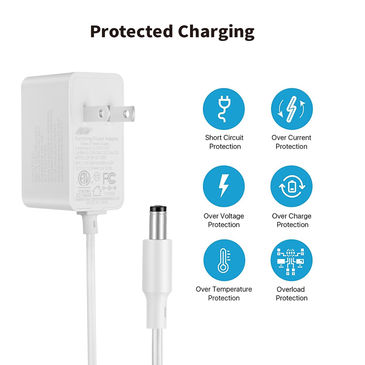 Tonton 12V 1A Power Supply Adapter 10ft Cord 12W DC Power Cable to 110-240V AC Adapter UL/CE/FCC Certified 5.5mmx2.1mm DC Plug with LED Terminal Connector for LED Strip Light,CCTV Camera (White) - Image 3