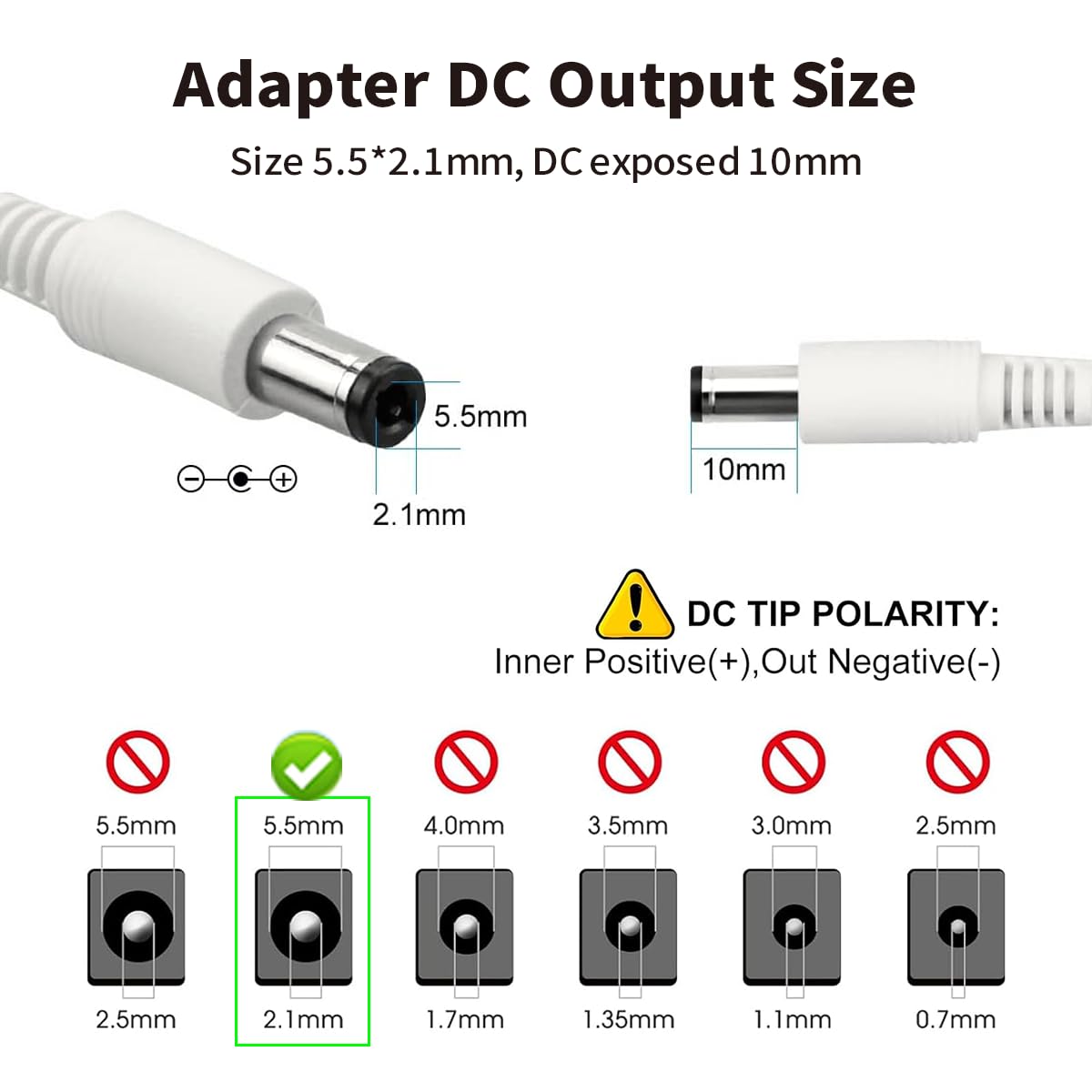Tonton 12V 1A Power Supply Adapter 10ft Cord 12W DC Power Cable to 110-240V AC Adapter UL/CE/FCC Certified 5.5mmx2.1mm DC Plug with LED Terminal Connector for LED Strip Light,CCTV Camera (White) - Image 8