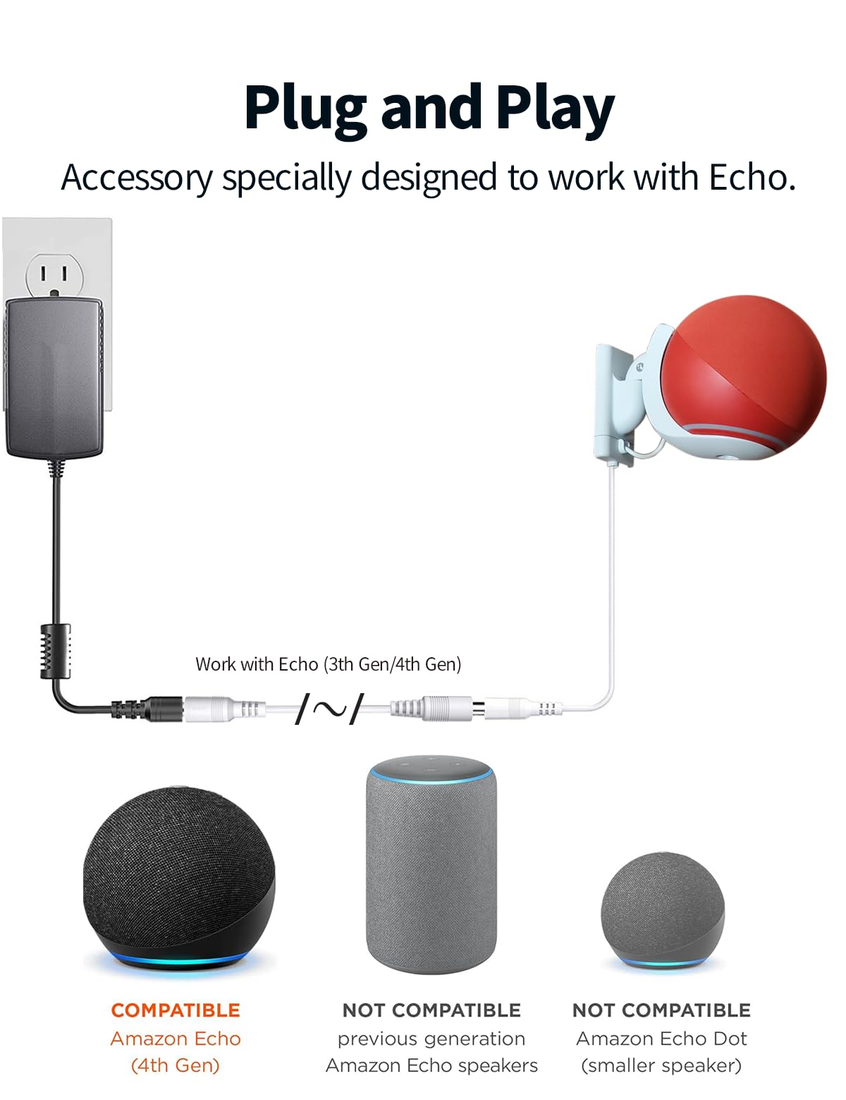 Tonton 15W 10Ft Echo Dot Show Extension Cord Replacement 12V 1.25A for Alexa Echo Dot (3rd 4th Gen), Echo Dot with Clock, Echo Dot Kids Edition, Echo Show 5, Echo Spot, Fire TV Cube(White, 20AWG) - Image 5