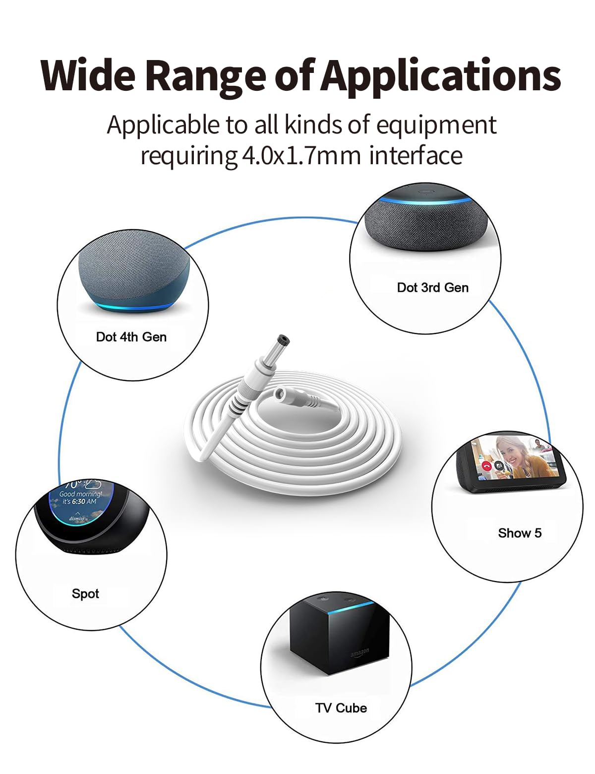 Tonton 15W 10Ft Echo Dot Show Extension Cord Replacement 12V 1.25A for Alexa Echo Dot (3rd 4th Gen), Echo Dot with Clock, Echo Dot Kids Edition, Echo Show 5, Echo Spot, Fire TV Cube(White, 20AWG) - Image 6