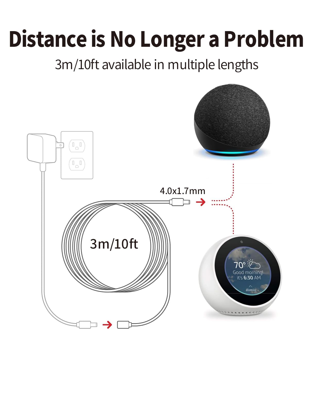 Tonton 15W 10Ft Echo Dot Show Extension Cord Replacement 12V 1.25A for Alexa Echo Dot (3rd 4th Gen), Echo Dot with Clock, Echo Dot Kids Edition, Echo Show 5, Echo Spot, Fire TV Cube(White, 20AWG) - Image 8