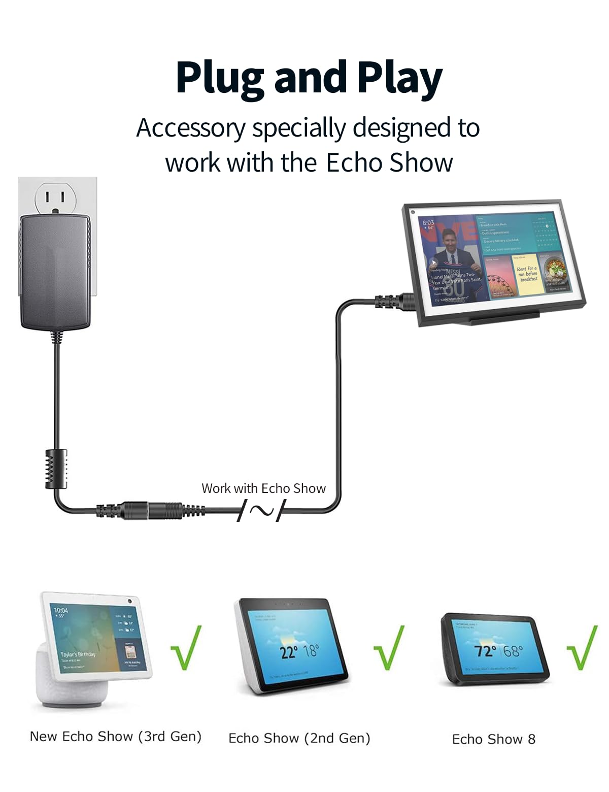 Tonton 16.5FT 30W 18AWG Echo Show Replacement Extension Cord 18V Compatible with Show 15, Show 10 (3rd Gen), Show 8 (1st 2nd Gen), Show 2nd Gen, Plus 2nd Gen, Echo 3rd 4th Gen, Philips Hue Play, Black - Image 4