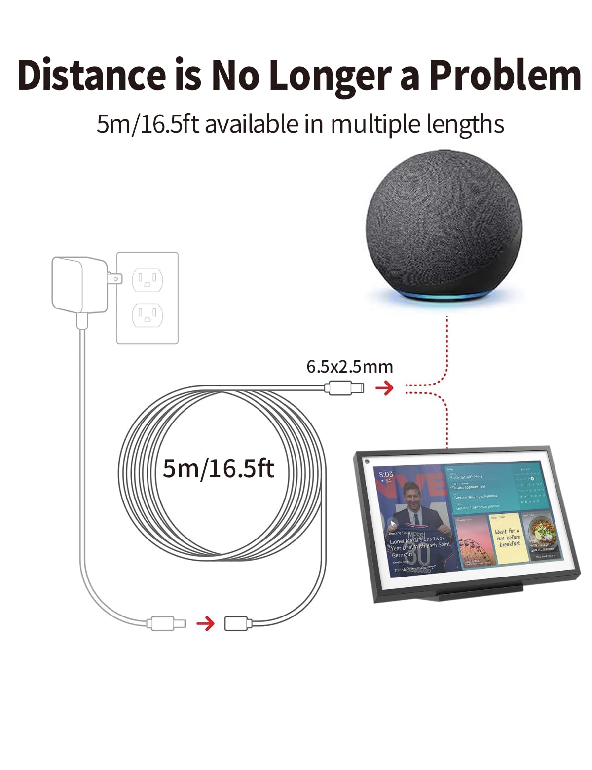 Tonton 16.5FT 30W 18AWG Echo Show Replacement Extension Cord 18V Compatible with Show 15, Show 10 (3rd Gen), Show 8 (1st 2nd Gen), Show 2nd Gen, Plus 2nd Gen, Echo 3rd 4th Gen, Philips Hue Play, Black - Image 5