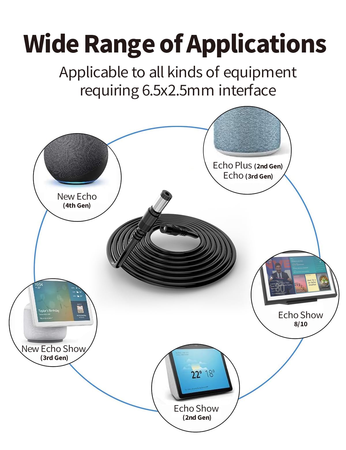 Tonton 16.5FT 30W 18AWG Echo Show Replacement Extension Cord 18V Compatible with Show 15, Show 10 (3rd Gen), Show 8 (1st 2nd Gen), Show 2nd Gen, Plus 2nd Gen, Echo 3rd 4th Gen, Philips Hue Play, Black - Image 6