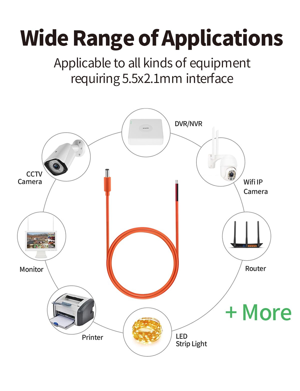 Tonton 16AWG DC5521 Power Pigtails Cable, 1M 3.3FT, Pure Copper, Orange, 5.5MM x 2.1MM Male Plug to Bare Wire, Barrel Connector Pigtail for CCTV Security Camera, DVR, LED Strip Lights - 2 Pack (M) - Image 4