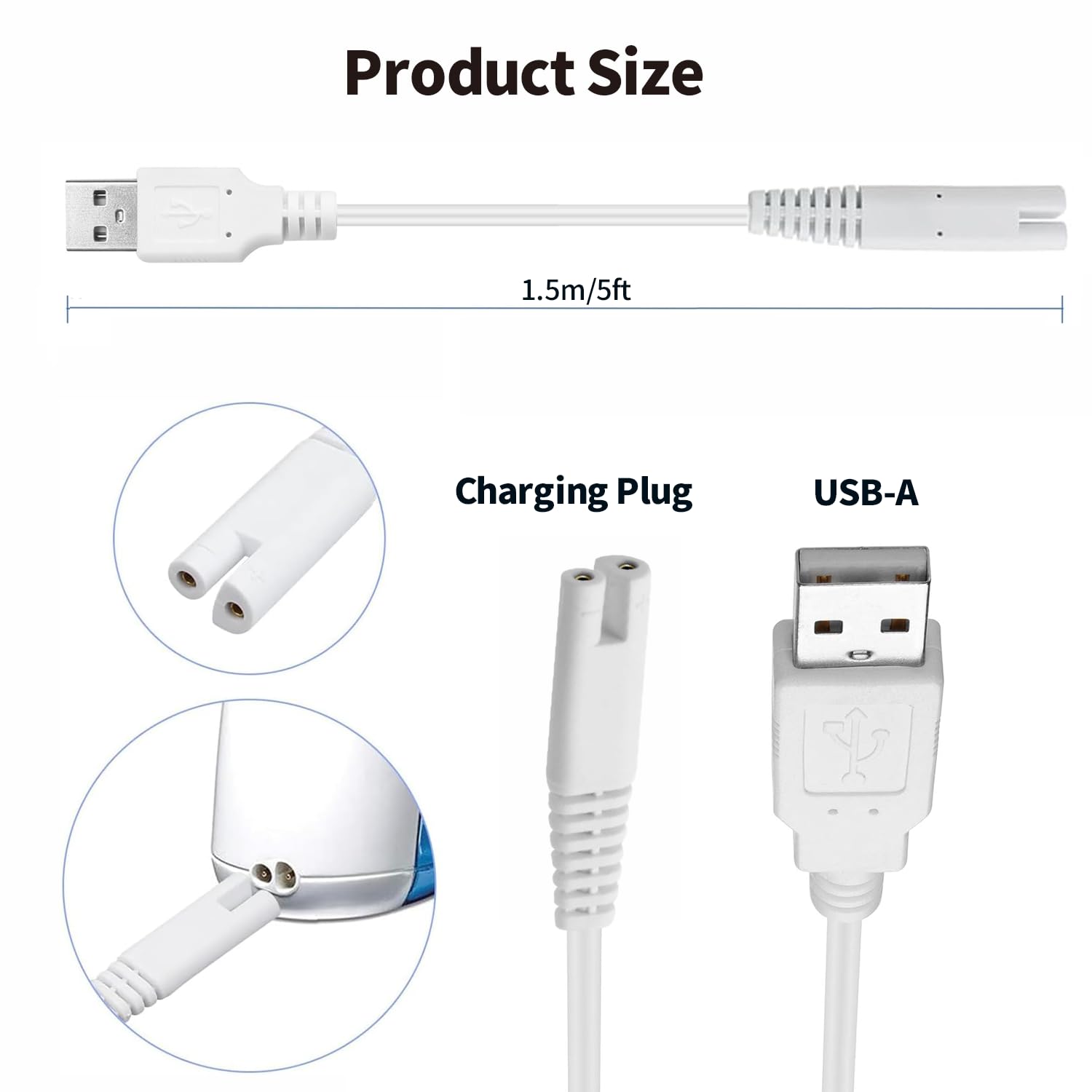 Tonton 3V USB Charger Cord Replacement for Waterpik Water Flosser WP360, WP360W WP360C WP400 WP440 WP440C WP462, WP462W WP450 WP468 WF13 WP100 Series, 5FT Portable Charging Cable (White) - Image 4