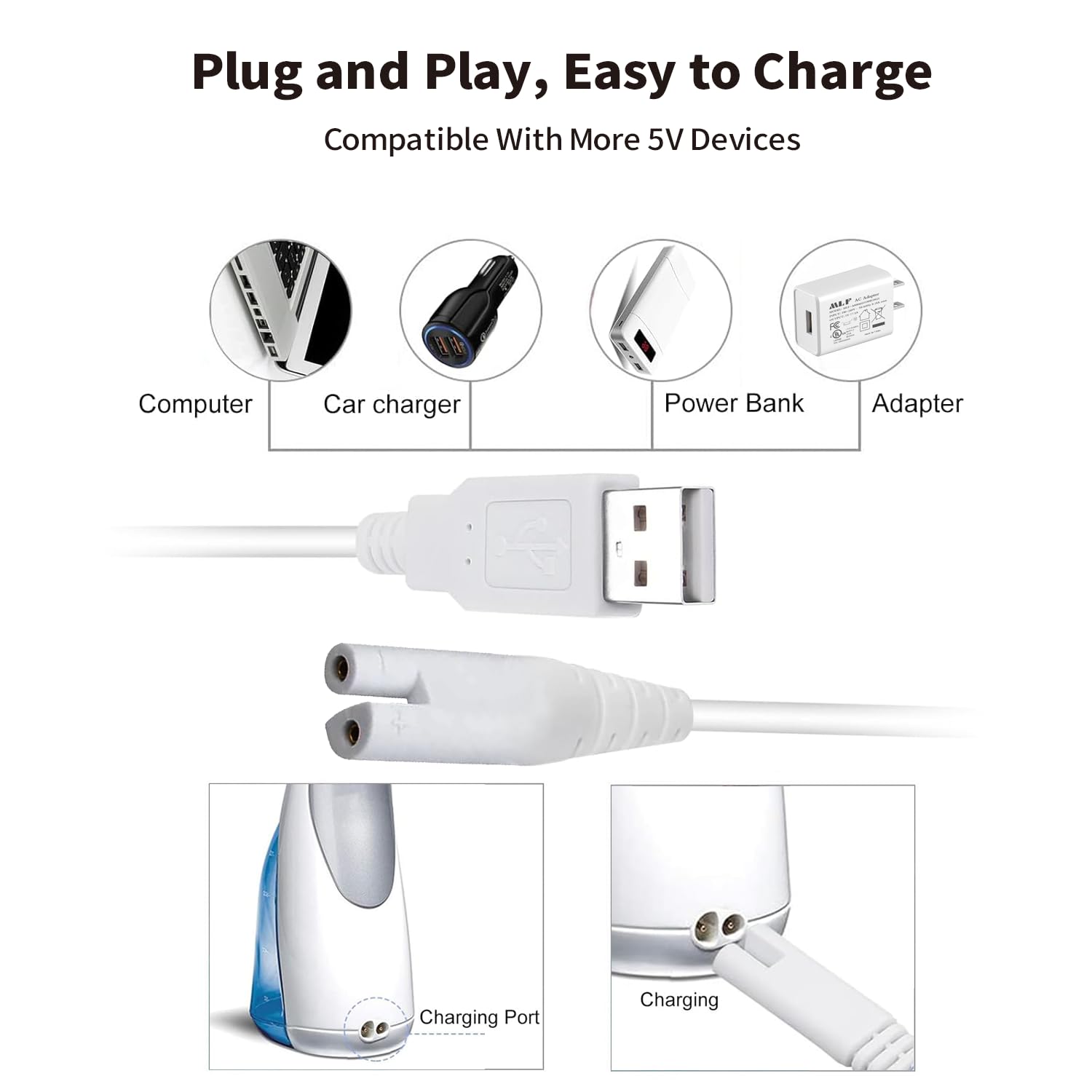 Tonton 3V USB Charger Cord Replacement for Waterpik Water Flosser WP360, WP360W WP360C WP400 WP440 WP440C WP462, WP462W WP450 WP468 WF13 WP100 Series, 5FT Portable Charging Cable (White) - Image 6