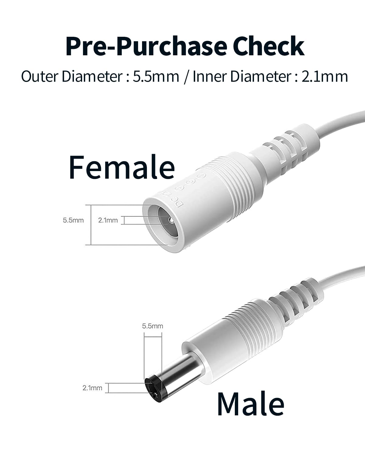 Tonton 4 Pack 1.65FT 0.5M DC Power Extension Cable 5.5 mm x 2.1 mm 5521 Male to Female 12V DC Adapter Cord Compatible with CCTV Security IP Camera,Survelliance DVR Standalone,LED Strip,Monitors(White) - Image 6