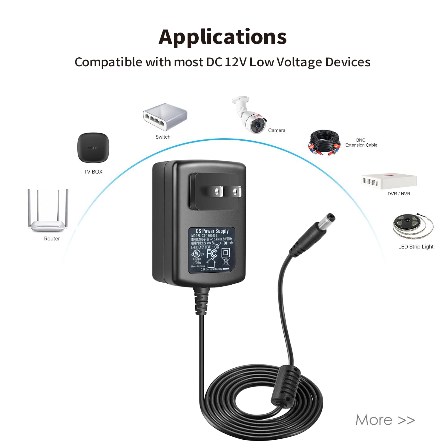 Tonton AC to DC Power Supply Adapter 12V 2A (2000mA)UL/FCC/CE Certified,Ideal for CCTV Security Camera/DVR/NVR/LED Strip Lights,Includes 1 to 4 Power Splitter Cable Cord,Suitable for North Americaica - Image 5