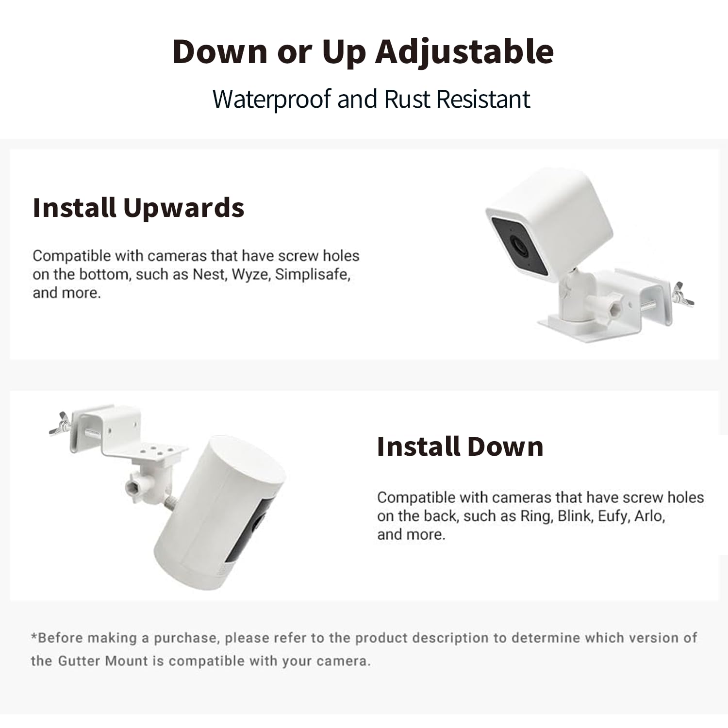 Tonton Gutter Mount for Solar Panel and Outdoor Security Camera Compatible with Ring, Arlo, Eufy, Wyze, Reolink, Google Nest, Blink, Standard 1/4"-20 Mount, Up & Down Version Universal Bracket (White) - Image 5