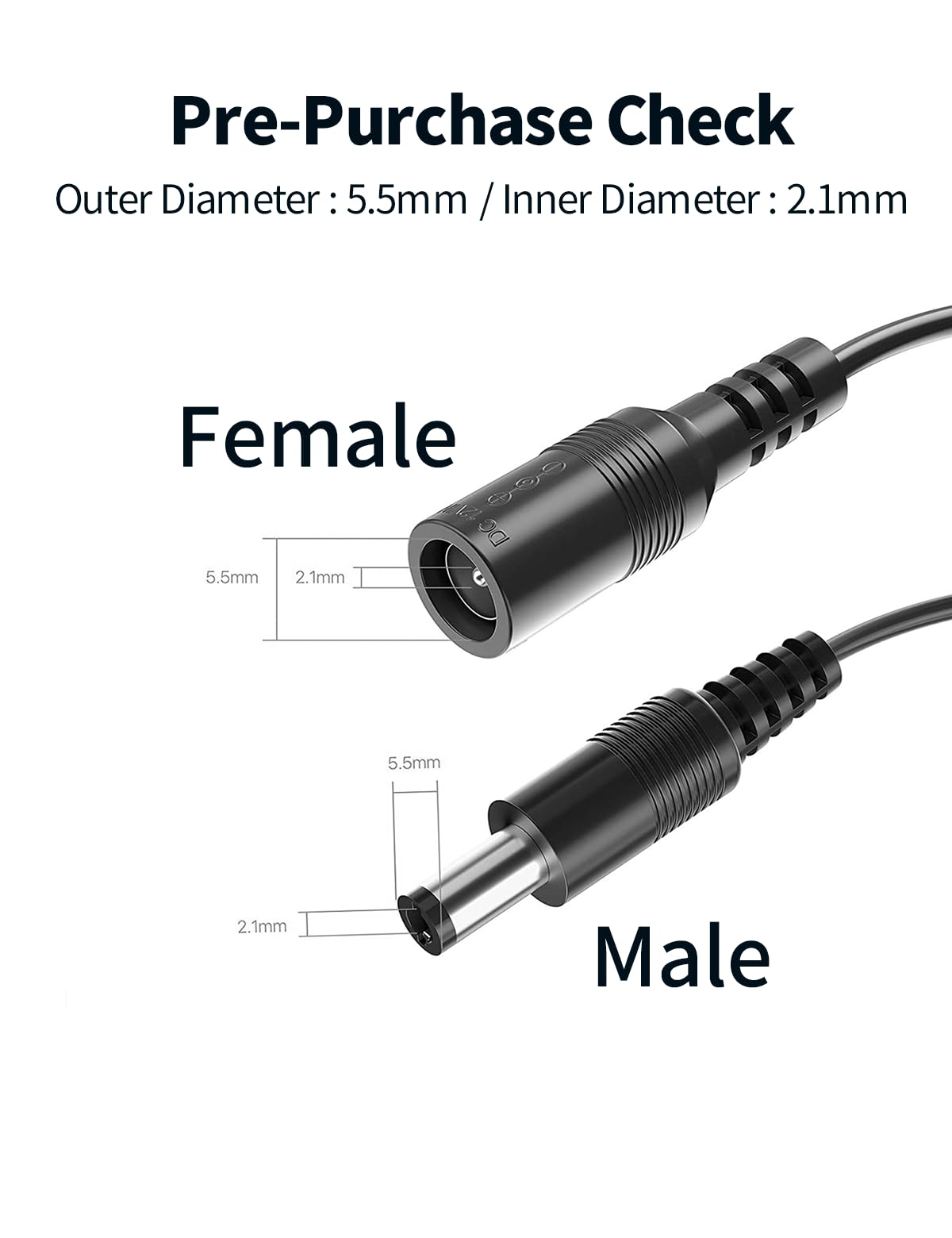 Tonton 4 Pack 3.3FT 1M DC Power Extension Cable 5.5 mm x 2.1 mm 5521 Male to Female 12V DC Adapter Cord Compatible with CCTV Security IP Camera,Survelliance DVR Standalone,LED Strip,Monitors(Black) - Image 6