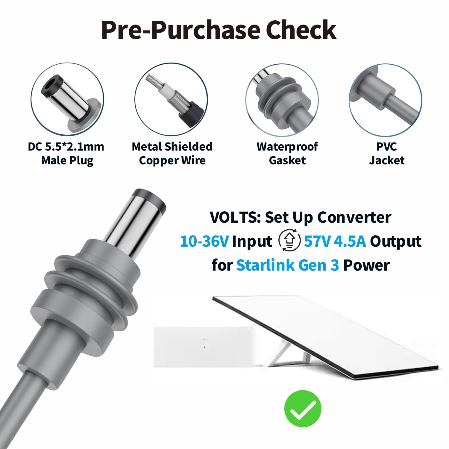 Tonton Starlink Gen 3 Power Cable, 12V/24V to 57V 4.5A Step-Up Converter DC Plug Adapter, 10V-36V to 57V Power Supply Cord for Starlink Gen3 Router, RV, Camper, Off-Grid Use - Image 3