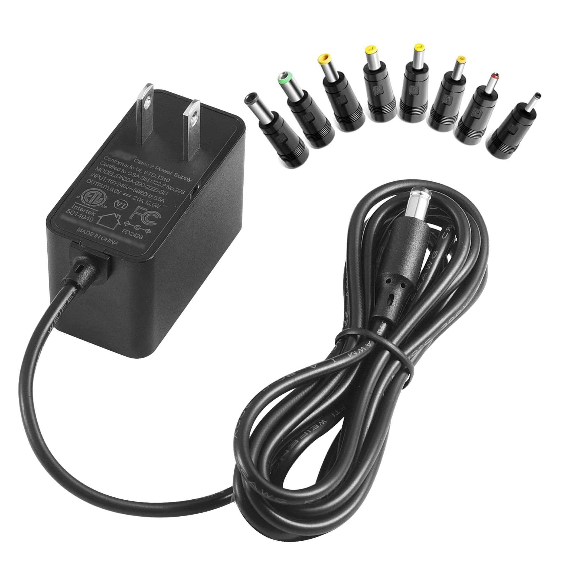 Universal 9V 2A Power Supply Charger 6.6FT, 100-240V AC Adapter to DC 9V 2A 1.8A 1.5A 1A 0.8A 0.5A Power Cord 8 Interchangeable plugs for Arduino UNO R3, Schwinn Bike, Crosley Cruiser Record Player