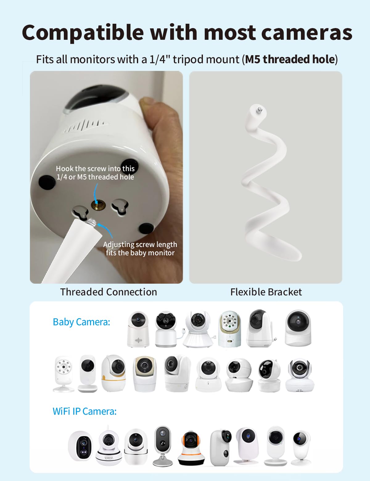 Universal Baby Monitor Camera Mount for Crib Compatible with Arlo, Owlet, Goodbaby, and More with 1/4 threaded hole, Adjustable Stand for HelloBaby, Vtech, Motorola Monitors, No Tools Required (White) - Image 2