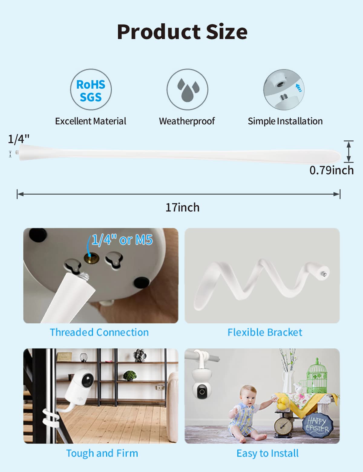 Universal Baby Monitor Camera Mount for Crib Compatible with Arlo, Owlet, Goodbaby, and More with 1/4 threaded hole, Adjustable Stand for HelloBaby, Vtech, Motorola Monitors, No Tools Required (White) - Image 5
