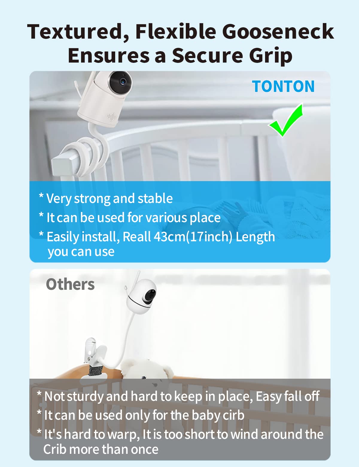 Universal Baby Monitor Camera Mount for Crib Compatible with Arlo, Owlet, Goodbaby, and More with 1/4 threaded hole, Adjustable Stand for HelloBaby, Vtech, Motorola Monitors, No Tools Required (White) - Image 7