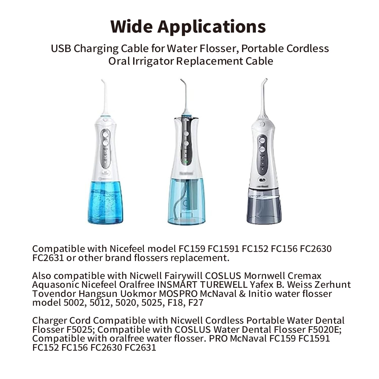 USB Charging Cable for Water Flosser Portable Cordless Oral Irrigator Replacement Charger for Nicwell, Fairywill, Aquasonic, Nicefeel, Oralfree, MOSPRO, Cremax, Tovendor, Hangsun, Insmart, Zerhunt - Image 3