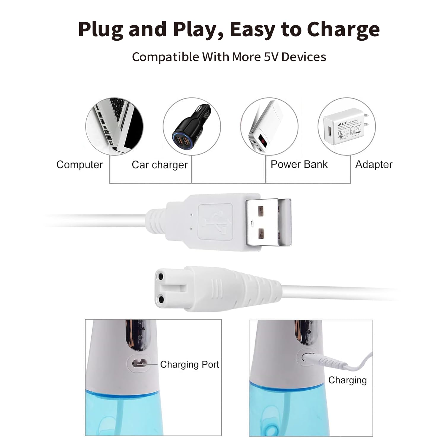USB Charging Cable for Water Flosser Portable Cordless Oral Irrigator Replacement Charger for Nicwell, Fairywill, Aquasonic, Nicefeel, Oralfree, MOSPRO, Cremax, Tovendor, Hangsun, Insmart, Zerhunt - Image 4